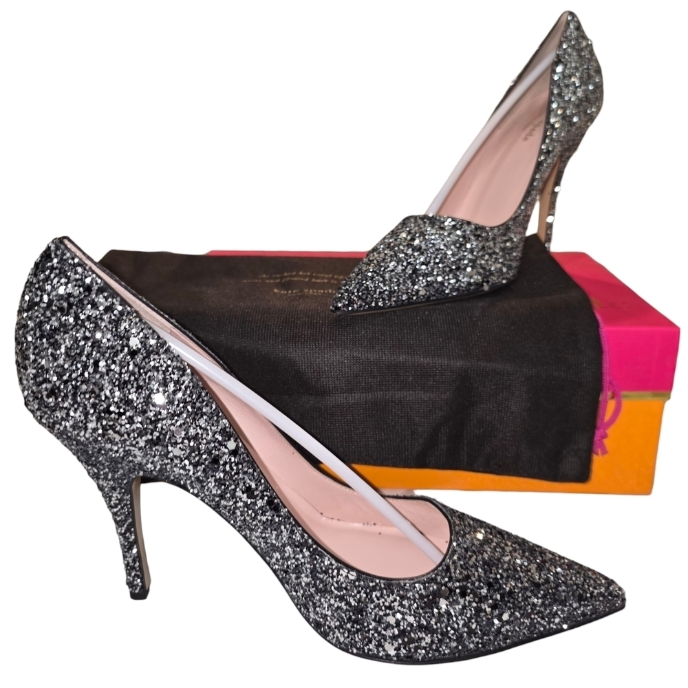 Kate Spade NIB Licorice Black/Silver Glitter Heels - Size 9.5 - Made in Italy